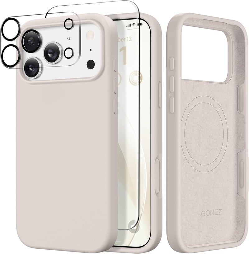 GONEZ Magnetic for iPhone 17 Pro Max Case, Compatible with MagSafe, [Screen Protector + Camera Lens Protector], Liquid Silicone Anti-Scratch Shockproof Protective Phone Case 6.9 inch, Stone - Image 1